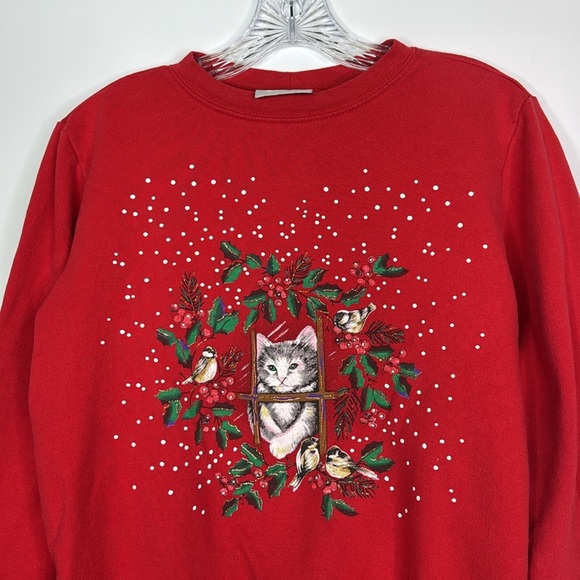Vintage Blair Christmas Cat Red Crewneck Sweatshirt Size Medium - Picture 2 of 9